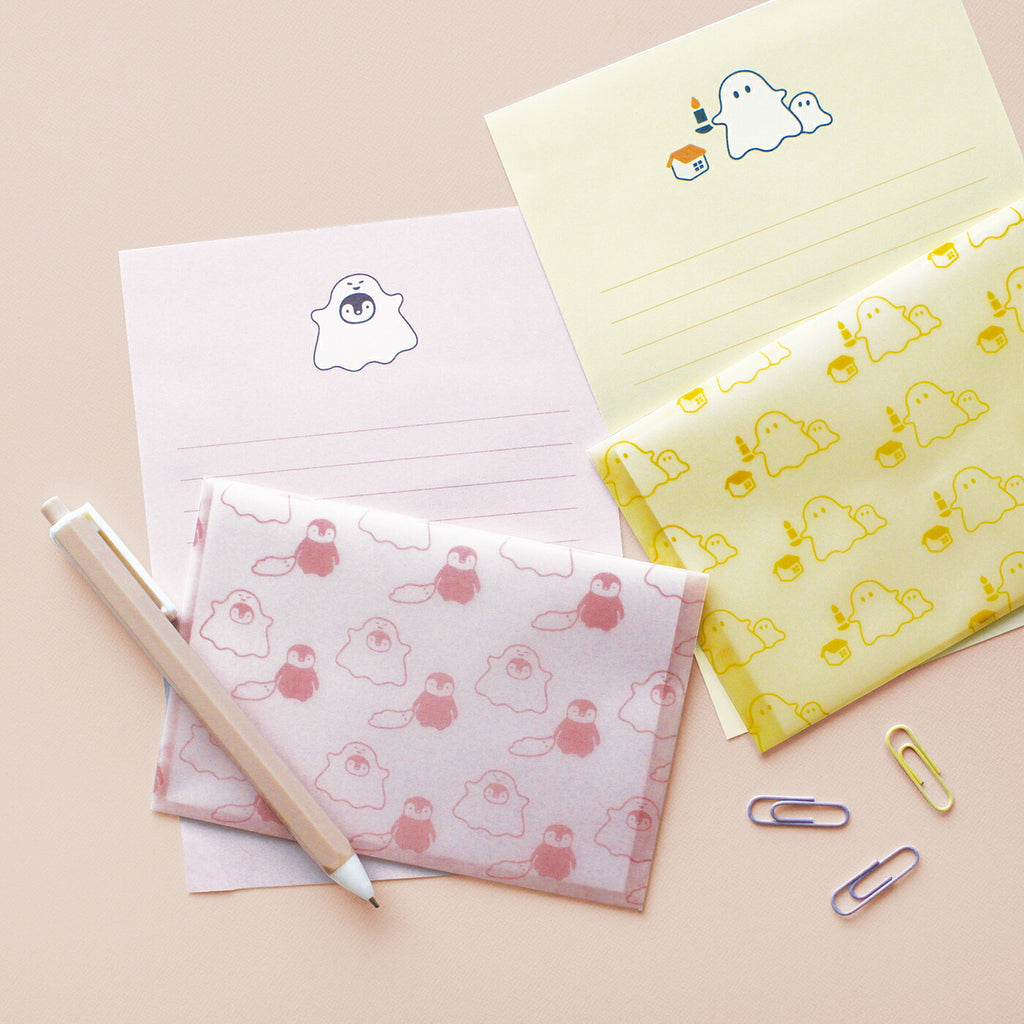 OBAKE おばけ レターセット｜定型内 手紙 便箋 封筒 ギフト お祝い 誕生日 おしゃれ かわいい シンプル 活版印刷 カラフル ポップ ペンギン ゴースト オバケ トレーシングペーパー ハロウィン｜MATOKA マトカ