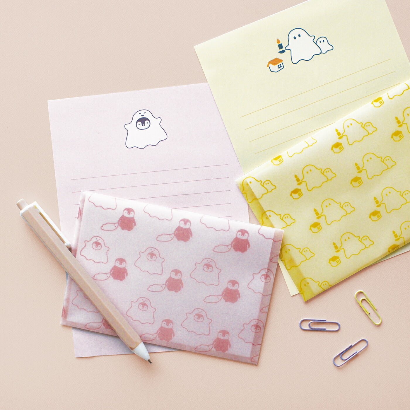 OBAKE おばけ レターセット｜定型内 手紙 便箋 封筒 ギフト お祝い 誕生日 おしゃれ かわいい シンプル 活版印刷 カラフル ポップ ペンギン ゴースト オバケ トレーシングペーパー ハロウィン｜MATOKA マトカ