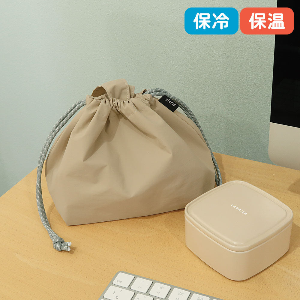 PLACID プラシド 保冷巾着袋｜ランチバッグ コンパクト シンプル お弁当袋 ピクニック 行楽 保冷バッグ マイバッグ 小さめ くすみカラー 無地 大人 通勤 通学｜LEAFLETS