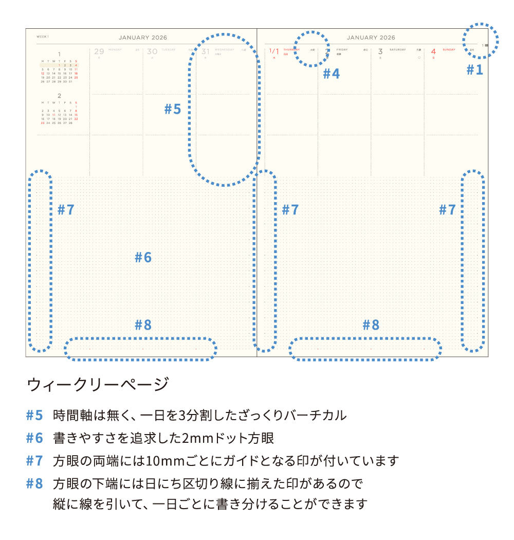 手帳 2026 マトカ 2026年1月始まり ダイアリー スケジュール帳｜A5サイズ ウィークリー・バーチカル式『ワンポイント｜POINT』干支 馬 午 ハリネズミ クジラ 恐竜 カメレオン 猫 キウィ