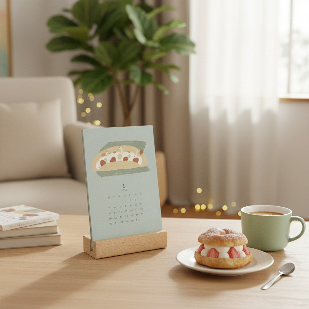 MATOKA マトカ 2026年 卓上カレンダー 木製スタンドタイプ（月曜始まり）『SWAN｜スワンとよこながスイーツ（トビマツショウイチロウ）』（CAL-141）