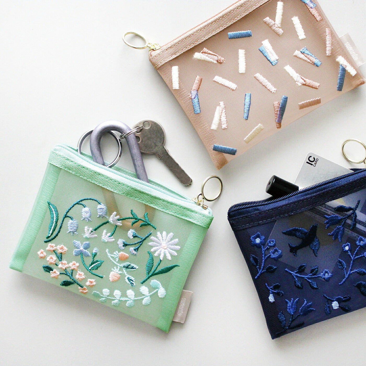 SUVANT MINI POUCH スヴァント ミニポーチ｜ポーチ ケース 刺繍 メッシュ 鍵 キーケース ICカード カード ケース ミニ コンパクト かわいい おしゃれ ボタニカル 花 フラワー 鳥 アート 植物 ギフト プレゼント 母の日｜MATOKA マトカ