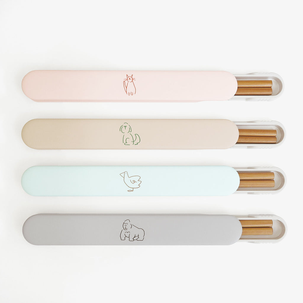 DOODLE スライドお箸箱セット｜SLIDE CHOPSTICKS SET ランチ シンプル ピクニック 遠足 行楽 パステルカラー 猫 犬 アヒル ゴリラ カラフル 大人 女子 男子 かわいい おしゃれ 箸 カトラリー 木製 ドゥードゥル｜Leaflets