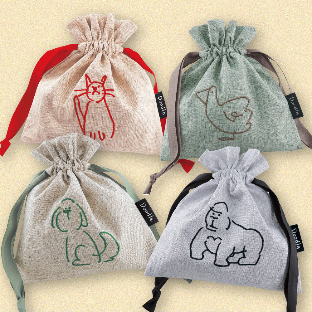 DOODLE ミニ巾着袋｜MINI SACK 収納 整理 お菓子 おやつ ランチ シンプル アクセサリー 旅行 パステルカラー 猫 犬 アヒル ゴリラ カラフル 大人 女子 男子 かわいい おしゃれ 小物入れ バッグインポーチ ドゥードゥル｜Leaflets