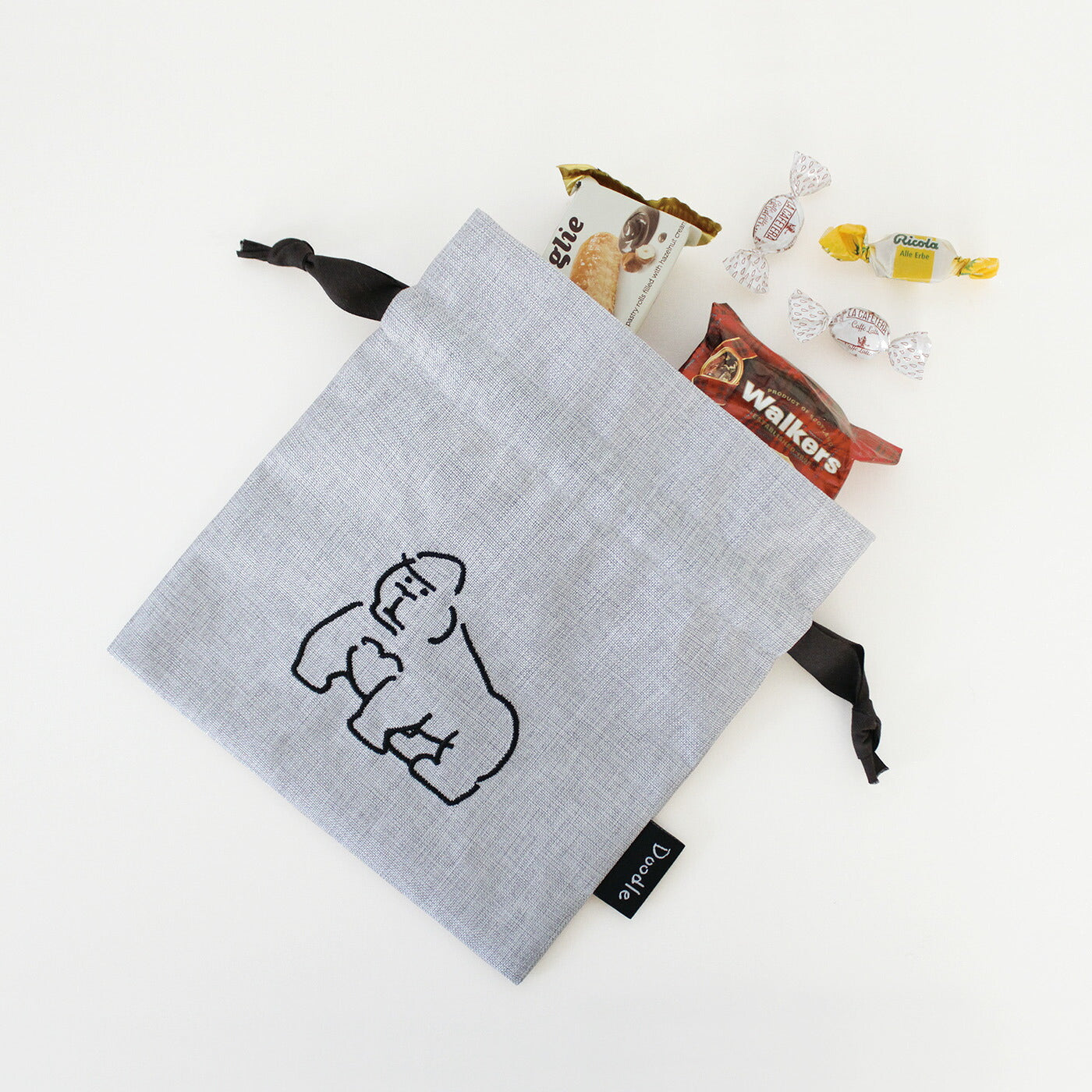 DOODLE ミニ巾着袋｜MINI SACK 収納 整理 お菓子 おやつ ランチ シンプル アクセサリー 旅行 パステルカラー 猫 犬 アヒル ゴリラ カラフル 大人 女子 男子 かわいい おしゃれ 小物入れ バッグインポーチ ドゥードゥル｜Leaflets