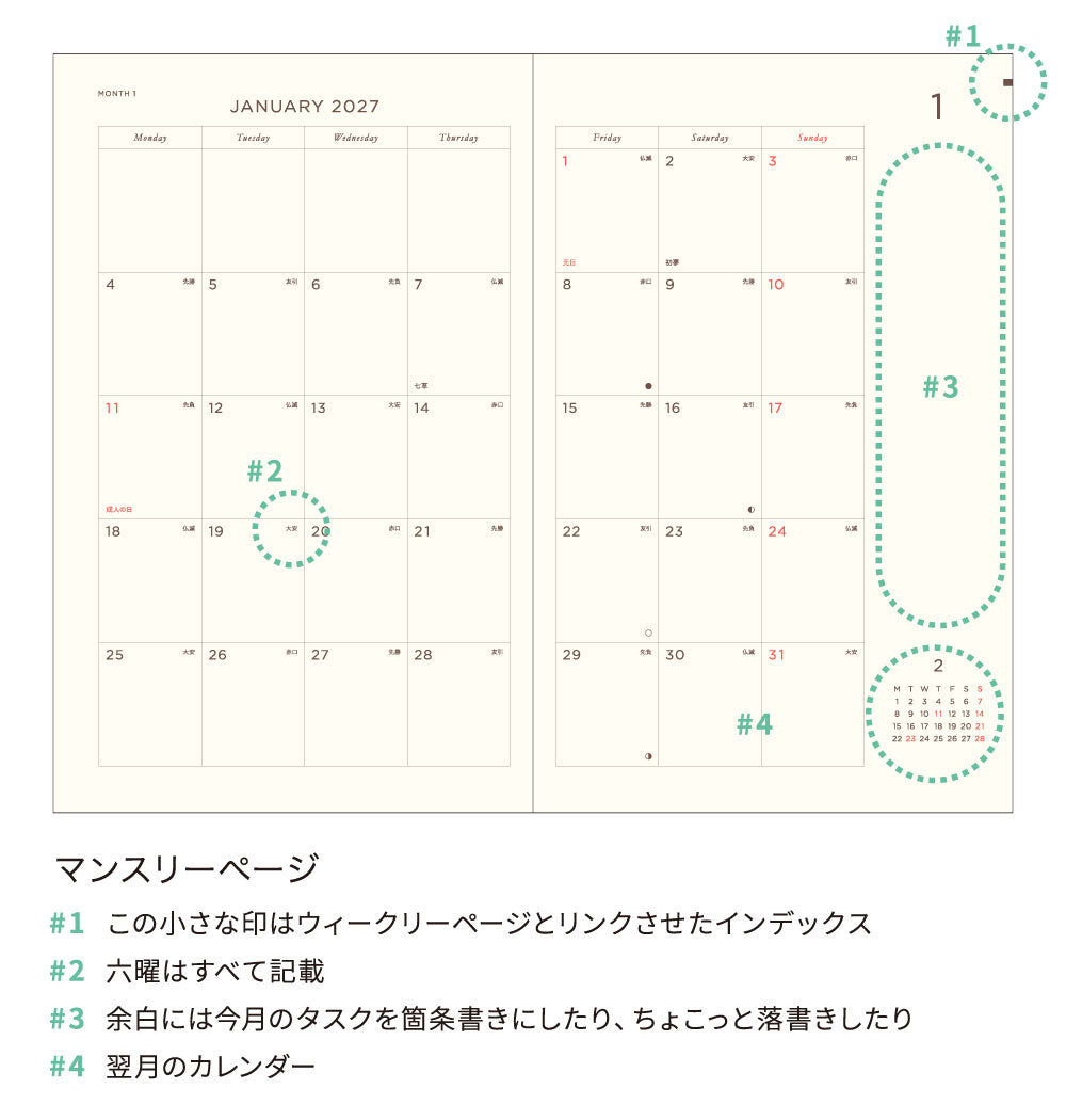 【ご予約 10月下旬発送】2027年1月始まり 手帳 エルコミューン マトカ｜新書判 スリムウィークリー・セパレート式『ラッキーモチーフ B｜LUCKY MOTIF B』